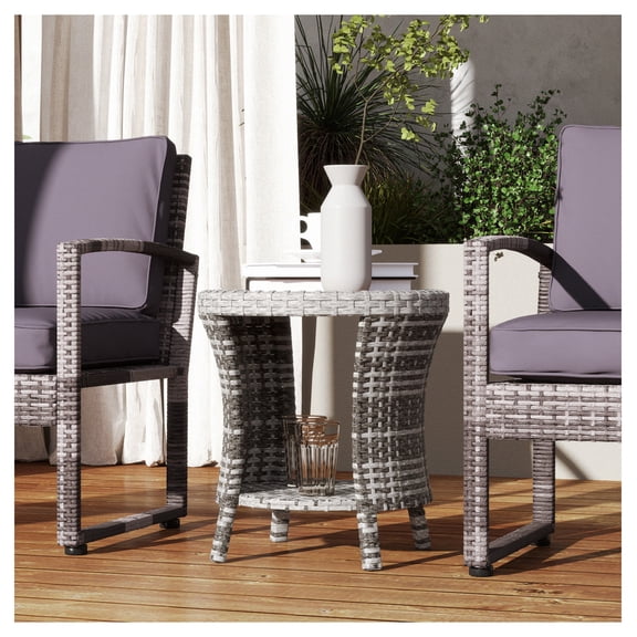 18" Wicker Coffee Table, PE Rattan Patio Side Table with Storage, Composite Top, Outdoor Hourglass Table - Mixed Gray
