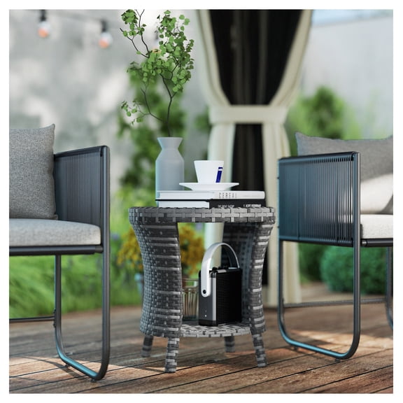 18" Wicker Outdoor Coffee Table, PE Rattan Patio Side Table with Storage, Composite Wood Top, Gray