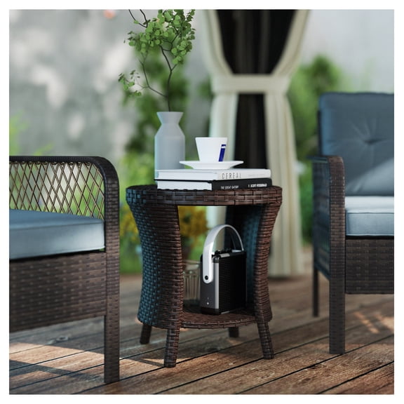 18" Wicker Outdoor Coffee Table, PE Rattan Patio Side Table with Storage, Composite Wood Top, Hourglass Design