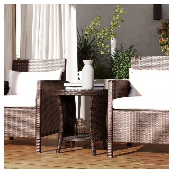 18" Wicker Patio Coffee Table, PE Rattan Outdoor Side Table, 2-Tier Storage, Wood Composite Top, Mixed Brown