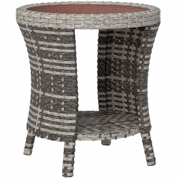 18" Wicker Patio Coffee Table, PE Rattan Outdoor Side Table, 2-Tier Storage, Wood Composite Top, Mixed Gray