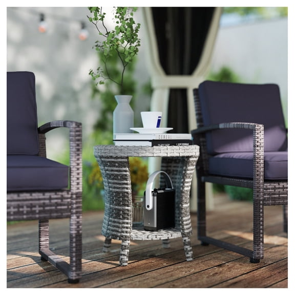 18" Wicker Patio Coffee Table, PE Rattan Outdoor Side Table with 2-Tier Storage, Wood Composite Top, Mixed Gray