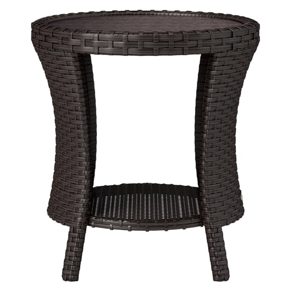 18" Wicker Patio Coffee Table, PE Rattan Outdoor Side Table with Storage, Composite Wood Top, Hourglass Design, Mixed Brown
