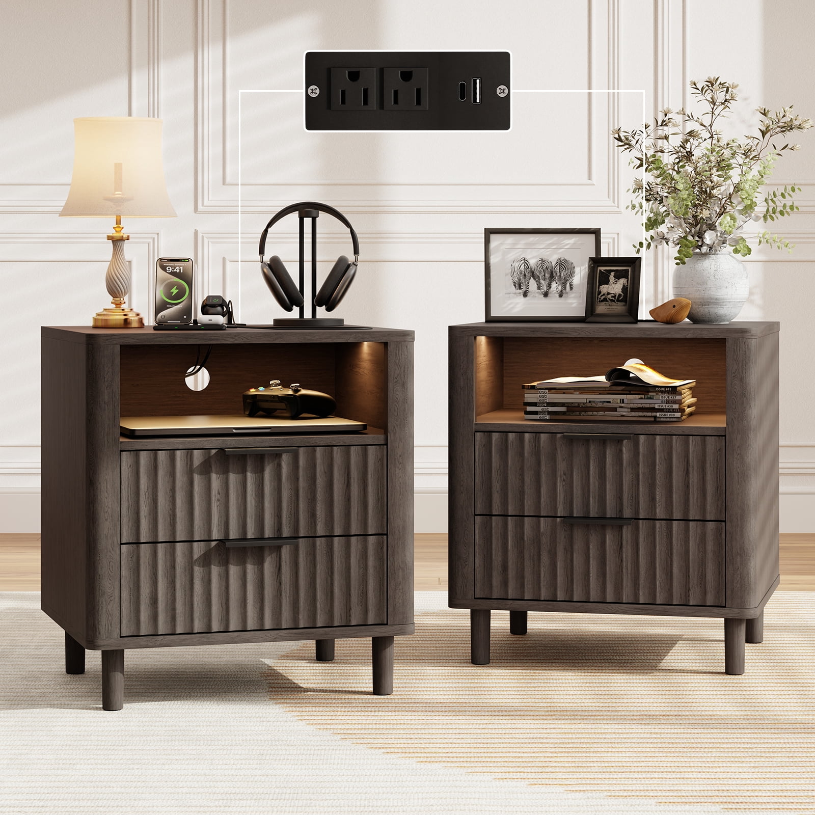 18" Wide Fluted Nightstand Set of 2 with Charging Station Modern Wood Bedside Table with 2 Drawers and Open Shelf, Mid Century End Table for Bedroom Living Room Office, Dark Gray