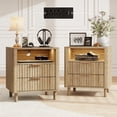 thumbnail image 1 of 18" Wide Fluted Nightstand Set of 2 with Charging Station Modern Wood Bedside Table with 2 Drawers and Open Shelf, Mid Century End Table for Bedroom Living Room Office, Oak, 1 of 10