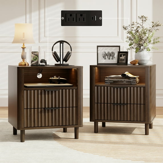 18" Wide Fluted Nightstand Set of 2 with Charging Station Modern Wood Bedside Table with 2 Drawers and Open Shelf, Mid Century End Table for Bedroom Living Room Office, Walnut