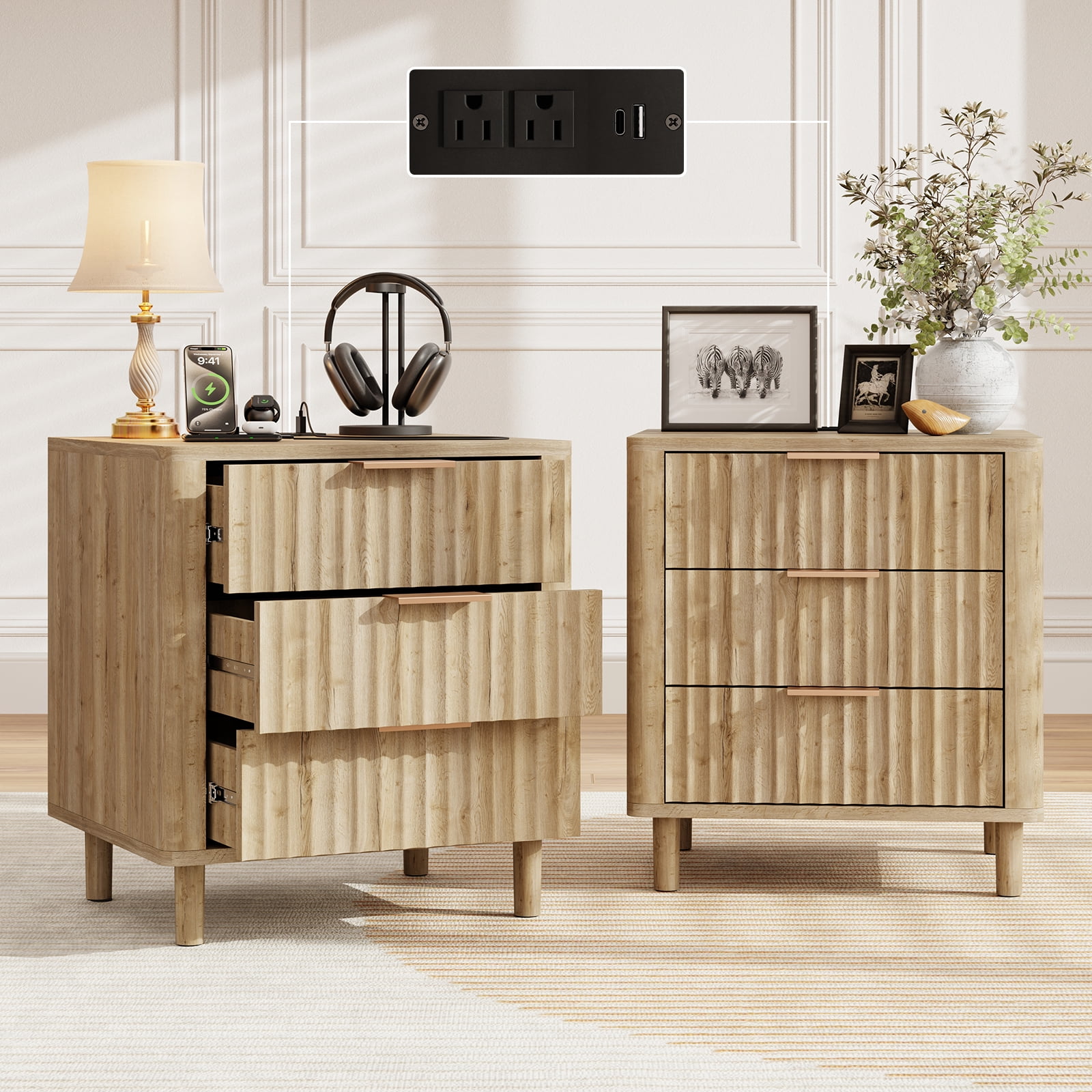 18" Wide Fluted Nightstand Set of 2 with Charging Station Modern Wood Bedside Table with 3 Drawers, Mid Century End Table for Bedroom Living Room Office, Oak