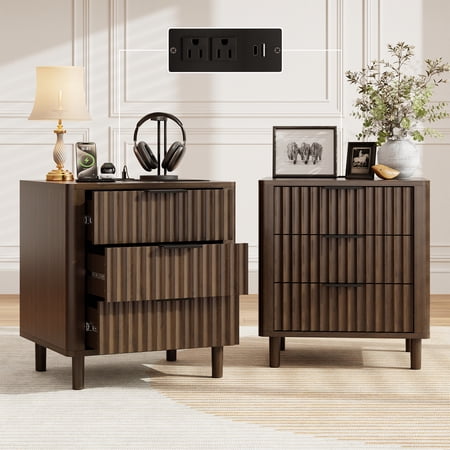 18" Wide Fluted Nightstand Set of 2 with Charging Station Modern Wood Bedside Table with 3 Drawers, Mid Century End Table for Bedroom Living Room Office, Walnut