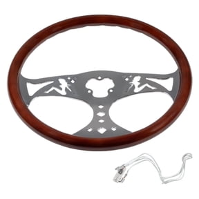 18" Wood Truck Steering Wheel with 3 Chrome Plated Spokes Brown Hydro-Printed Finish, Fits with Kenworth, Peterbilt, & Freightliner Semi-Trucks, Universal Fit