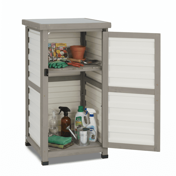 18" Wooden Potting Bench with Metal Top, Mini Outdoor Garden Shed for Balcony & Patio, Weatherproof Tool Storage Station with Shelf, Grey