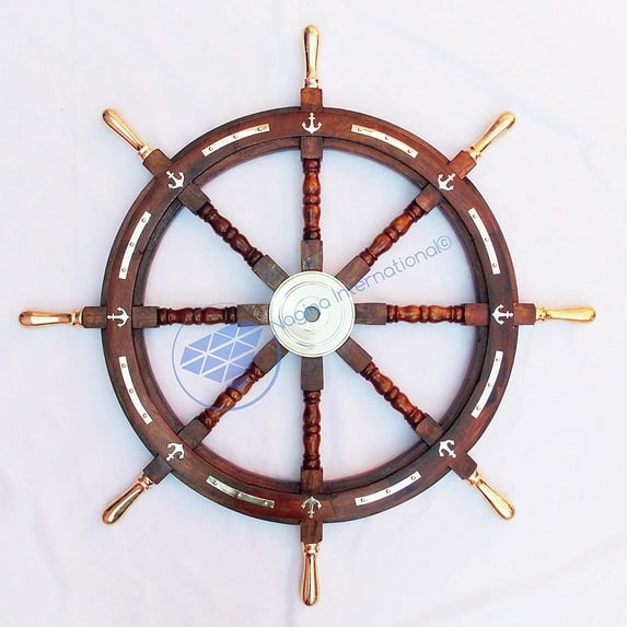 18" Wooden Ship Wheel (Brass Anchor Strip & Brass Handle)