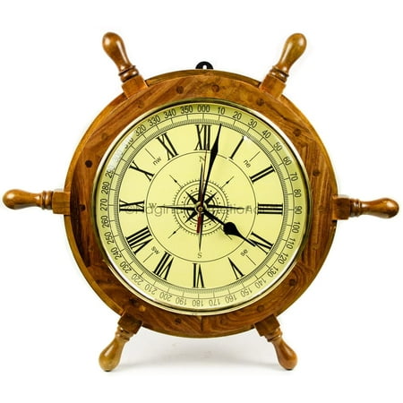 18" Wooden Ship Wheel Clock (Yellow Compass Roman Dial - 10")