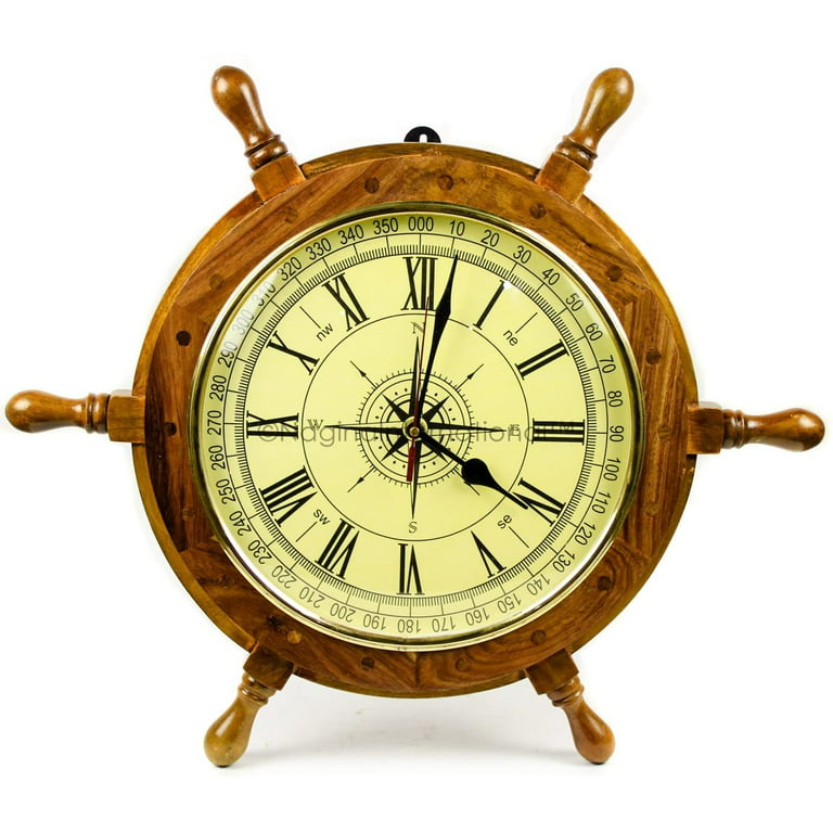 18 Wooden Ship Wheel Clock (Yellow Compass Roman Dial - 10)