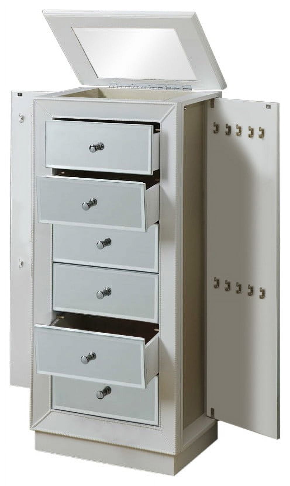 White Mirrored Jewelry Armoire with Multiple Drawers
