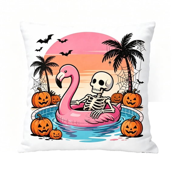 18 X 18 Inch Halloween Pillow Cover Spooky Skeleton Flamingo Pool Print Linen Throw Pillow Cover Halloween Home Decor for Summerween Party Bedroom Living Room 1 Pack