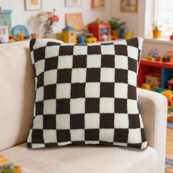 18 X 18 Inch Square Checkered Sherpa Throw Pillow Soft Plush Fluffy Decorative Accent Pillow For Couch Sofa Bed Living Room And Home Decor