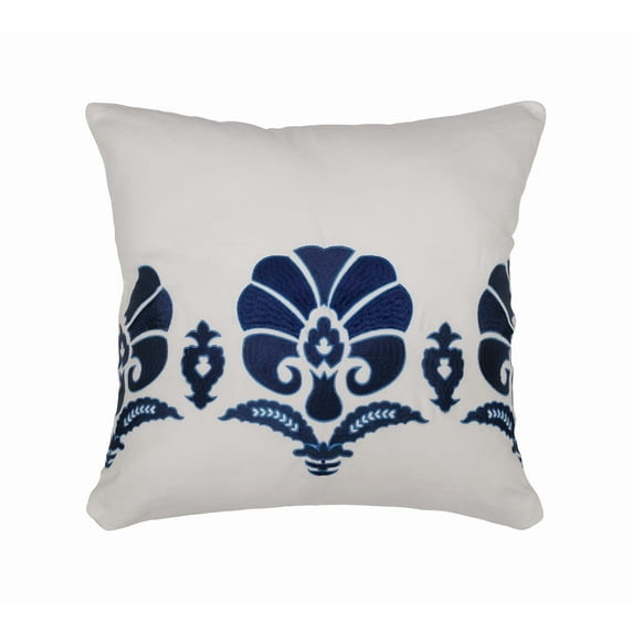 18" X 18" Square Decorative Pillow, Seville White And Dark Blue Bohemian Embroidered