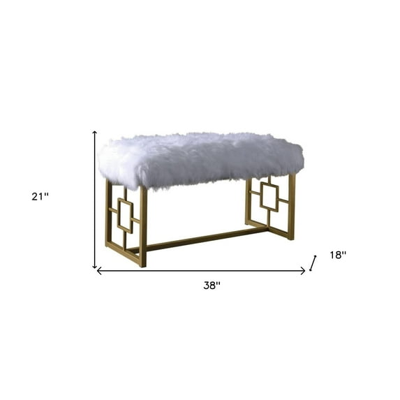 18" X 38" X 21" White Faux Fur Gold Metal Upholstered (Seat) Bench