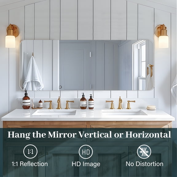 18”X48” Silver Bathroom Mirrors for Vanity, Rounded Rectangle Brushed Silver Metal Frame Mirror, Anti-Rust, Tempered Glass, Hangs Horizontally or Vertically