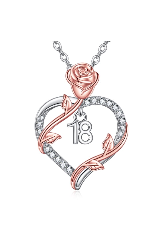 18 Year Old Birthday Gifts S925 Sterling Silver Love Heart Rose Flower Pendant Necklace for Women 16th/18th/21th/25th/30th/40th/50th/60th Gifts for Daughter Sister Graduation Jewelry (18th)