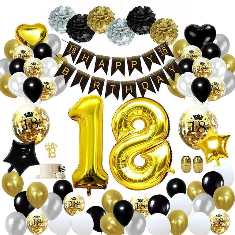 18 Years Old Birthday Party Decorations In Black Gold,18 Balloons Happy  18Th Birthday Banners,Paper Pom Poms,Foil Balloons For Men And Women Adult  Decor Reusable 
