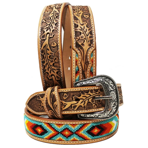 18  Youth 1-1/4" Western Basket Tooled Beaded Full-Grain Leather Belt 26RT52C