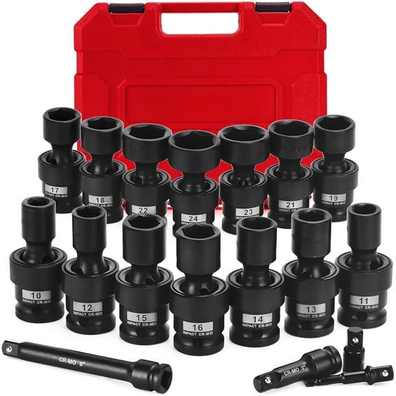 18 count 1/2" Drive Shallow Socket Set, Swivel Socket with Flexible Wobble, 6 Point, Metric,10-24mm,Cr-V Steel, Includes Extension Bars and Adapter