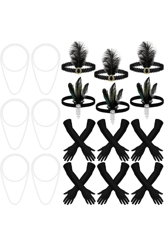 18 count 1920s Accessories Set for Women 1920 Flapper Headband Black Headband Necklace Long Black Glove for Women 1920s Hair Accessory Roaring 20s Costume Accessory