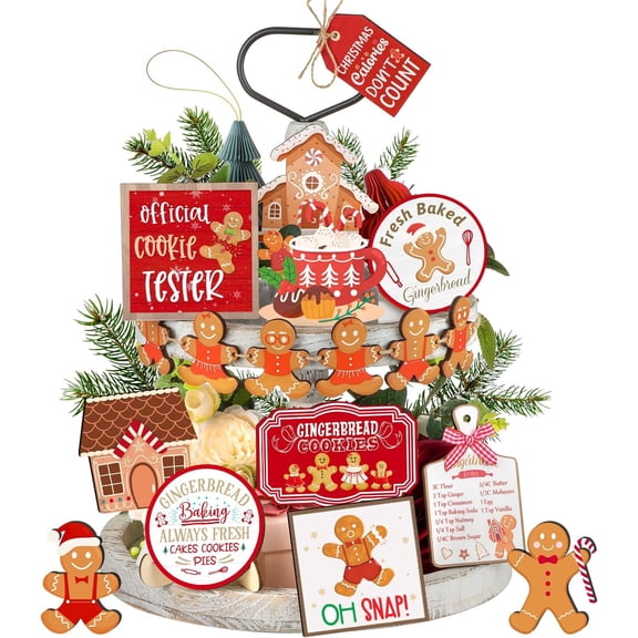 18 count Christmas Tiered Tray Decor Set Winter Tiered Tray Gingerbread Christmas Decorations Tabletop Centerpiece Xmas Wooden Sign Gingerbread Decor for Table