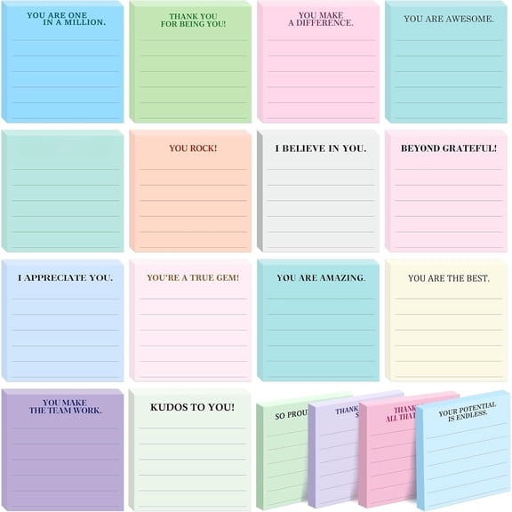 18 count Inspirational Sticky Notes with Lines, Adhesive Note Pads Motivational Fun Notepads, Employee Appreciation Gifts Bulk for Teacher, Nurse, Coworkers, Office, Work & Study Supplies (3" x 3")