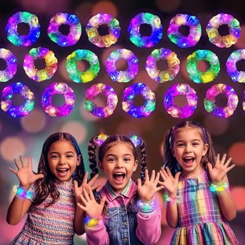 18 count Light Up Scrunchies, Glow Hair Scrunchy for Girl & Women, Multi Glow Modes, Glow in the Dark Accessories for Rave Neon Slumber Party