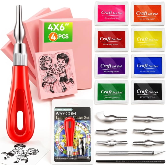 18 count Linoleum Blocks for Printmaking: Linocut kit with Tools & Ink - 4x6 Rubber Carving Blocks - Art Craft Supplies for Beginners & Hobbyists - Gifts for Christmas/Birthday/Art Enthusiast