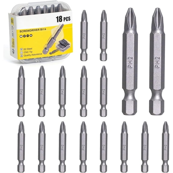18 count Phillips Bits #2 , 2-Inch S2 Steel PH2 Drill Bit,CNC Machined Tips,1/4" Hex Shank Phillips Bits for Auto, Furniture & Deck Pro Use