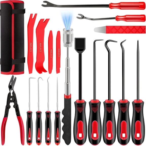 18 count Precision Pick and Hooks Set, Tool Kit with Scraper Telescoping Pickup Tool Panel Clip Plier Fastener Remover, Trim Tools, Automotive Mechanic Bag