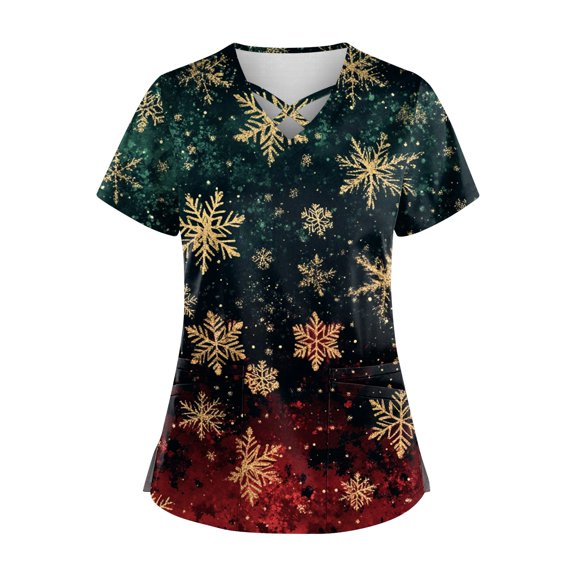 EHTMSAK Christmas Scrubs In Women Plus V Neck Snowflake Graphic with Pockets Shirts Short Sleeve Snowflake Jogger Scrub Tops Nursing Uniform Plus Size Scrubs Dark Green XL