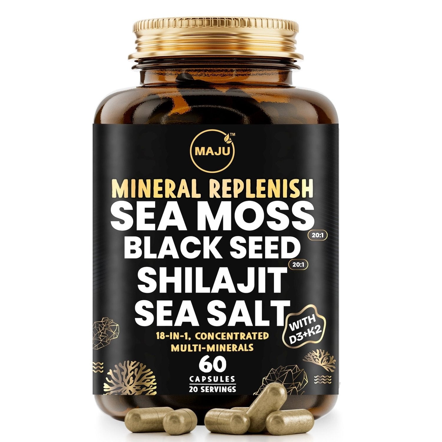 MAJU's 18-in-1 Mineral Replenish, 60 Capsules - 20:1 Sea Moss & Black Seed Extract, Shilajit, Sea Salt, Vitamins D3 & K2, for Bone Support, Immune and Hydration