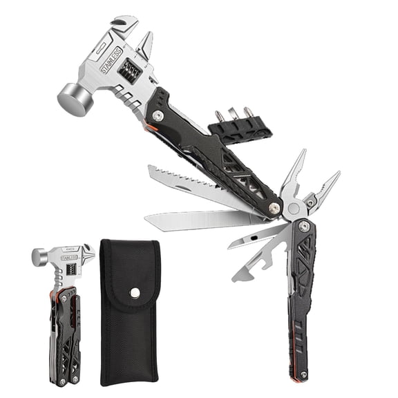 18-in-1 Multitool Hammer with Adjustable Wrench, Stainless Steel Multi Tool Pliers All-in-One Survival Camping Tool Gift with Pocket Knife Hammer Saw Screwdrivers Bottle Opener Carrying Pouch