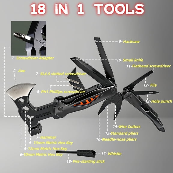 18-in-1 Multitool Hatchet Camping Axe with Hammer & Knife with Protective Sheath, Survival Gear for Men Dad, Emergency Car Tool & Hiking Accessories, Cool Gadgets for Outdoor Hiking Emergency