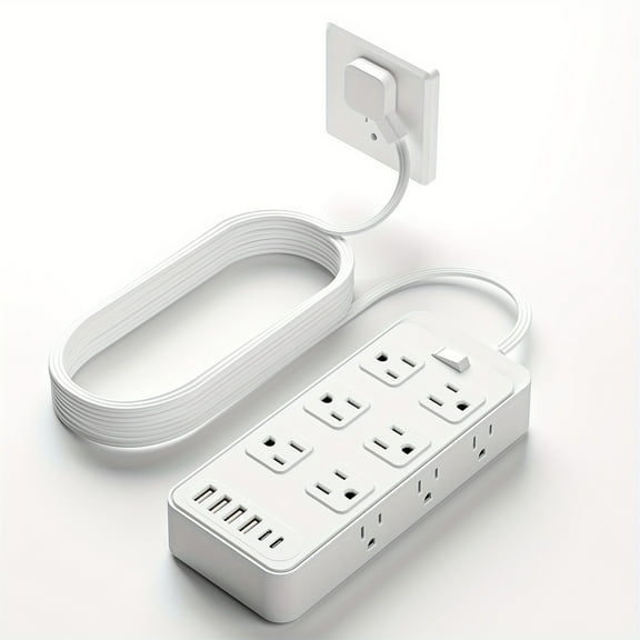 18-in-1 Power Outlet Surge Protector with 12 AC Outlets and 6 USB Ports (4 USB A and 2 USB C), Flat Plug, 5ft PVC Extension Cord, Fireproof, Suitable for Home, Office and Travel.