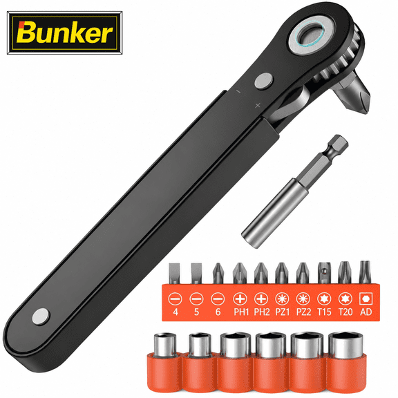 18-in-1 Right Angle Ratcheting Screwdriver Set, 90 Degree Offset Mini Pocket Screwdriver with Magnetic 1/4" Bit Holder, Compact Hand Tool Kit for Tight Spaces, Home Repair and DIY