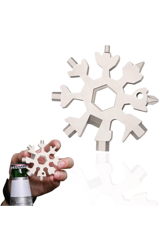 18-in-1 Silver Stainless Steel Snowflake Multitool, Compact EDC Pocket Tool with Wrenches Screwdrivers Bottle Opener, Outdoor Utility Gadget