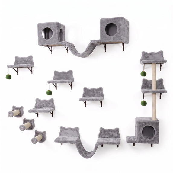 18-in-1 Wall-Mounted Cat Shelves Set – Gray Climbing Perch, Steps ...