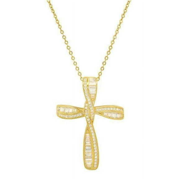 18 in. 14K Gold Over Silver Baguette Cubic Zirconia Cross Pendant