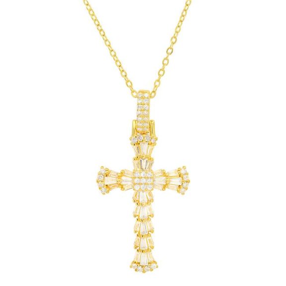 18 in. 14K Gold Over Silver Baguette-Cut Cubic Zirconia Cross Pendant