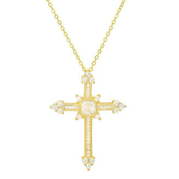 18 in. 14K Gold Over Silver Fancy Cubic Zirconia Cross Pendant