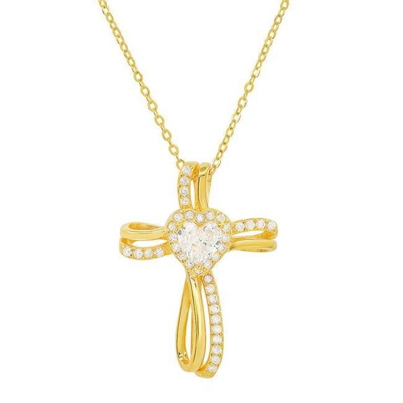 18 in. 14K Gold Over Silver Heart Cubic Zirconia Cross Pendant