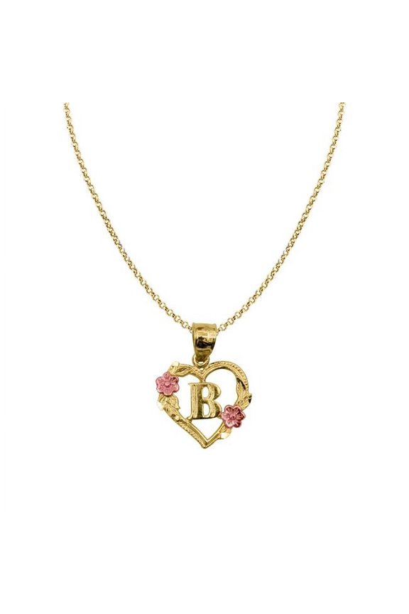 18 in. 14K Two Tone Gold Flower & Heart-Shaped Initial B Pendant with 1.2 mm Rolo Chain