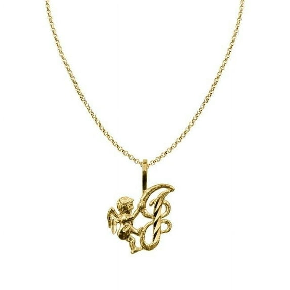 18 in. 14K Yellow Gold Cherub & Cursive Initial Letter J Pendant with 1.2 mm Rolo Chain