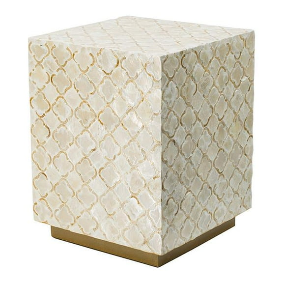 18 in. Accent Side End Table Stool, Square, Cream Capiz - Gold Base