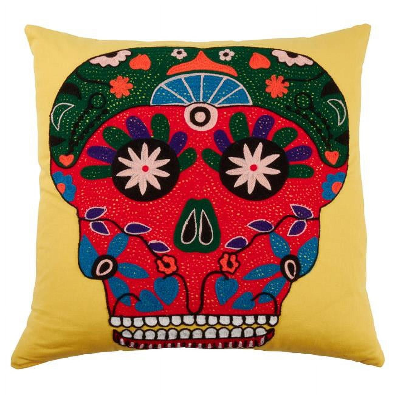 Yellow Cotton 18" Square Bright Sugar Skull Pillow